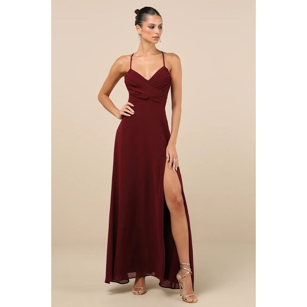 Lulus Maxi Dress Womens Medium Red Gown Lace Up Formal Bridesmaid Event Ready